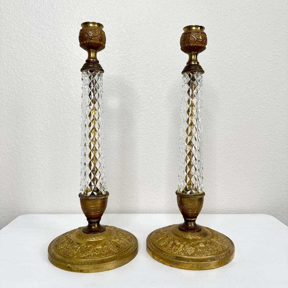 Mid Century Crystal & Gilt Bronze Candle Holders